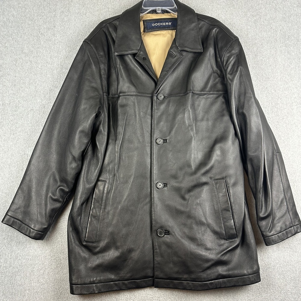 Dockers Coat Mens XL Black Lamb Leather Single Breasted Overcoat Lined Classic